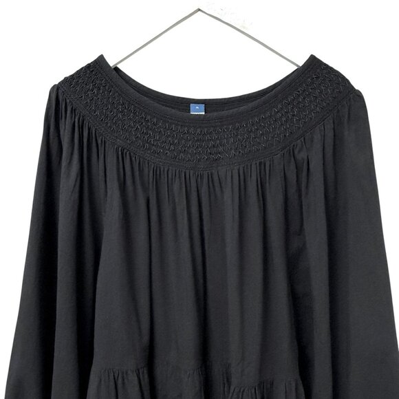 Old Navy Black Tiered Peasant Dress XL Smocked Cotton Blend Pockets Knee Length - Picture 2 of 9